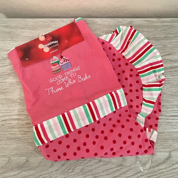 New Apron Good Things Come To Those Who Bake Pink Red Holiday Christmas NWT - Picture 2 of 9
